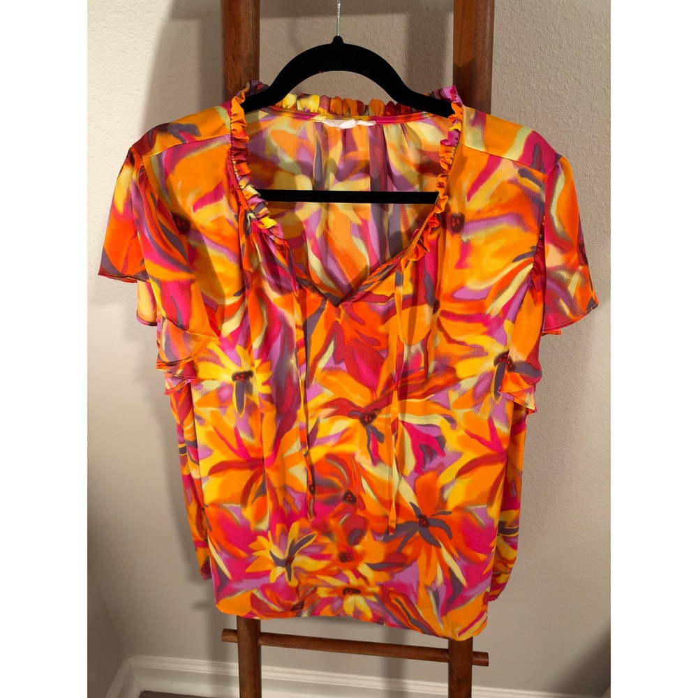 Cynthia Rowley 3X Floral Blouse Orange Pink Abstract Ruffle V-Neck Short Sleeve